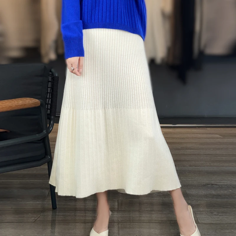 

Women's 100% Pure Cashmere Long Knitted Pleated Skirt, A Wool Skirt, Umbrella Skirt, High Waist, Plus Size, Autumn and Winter