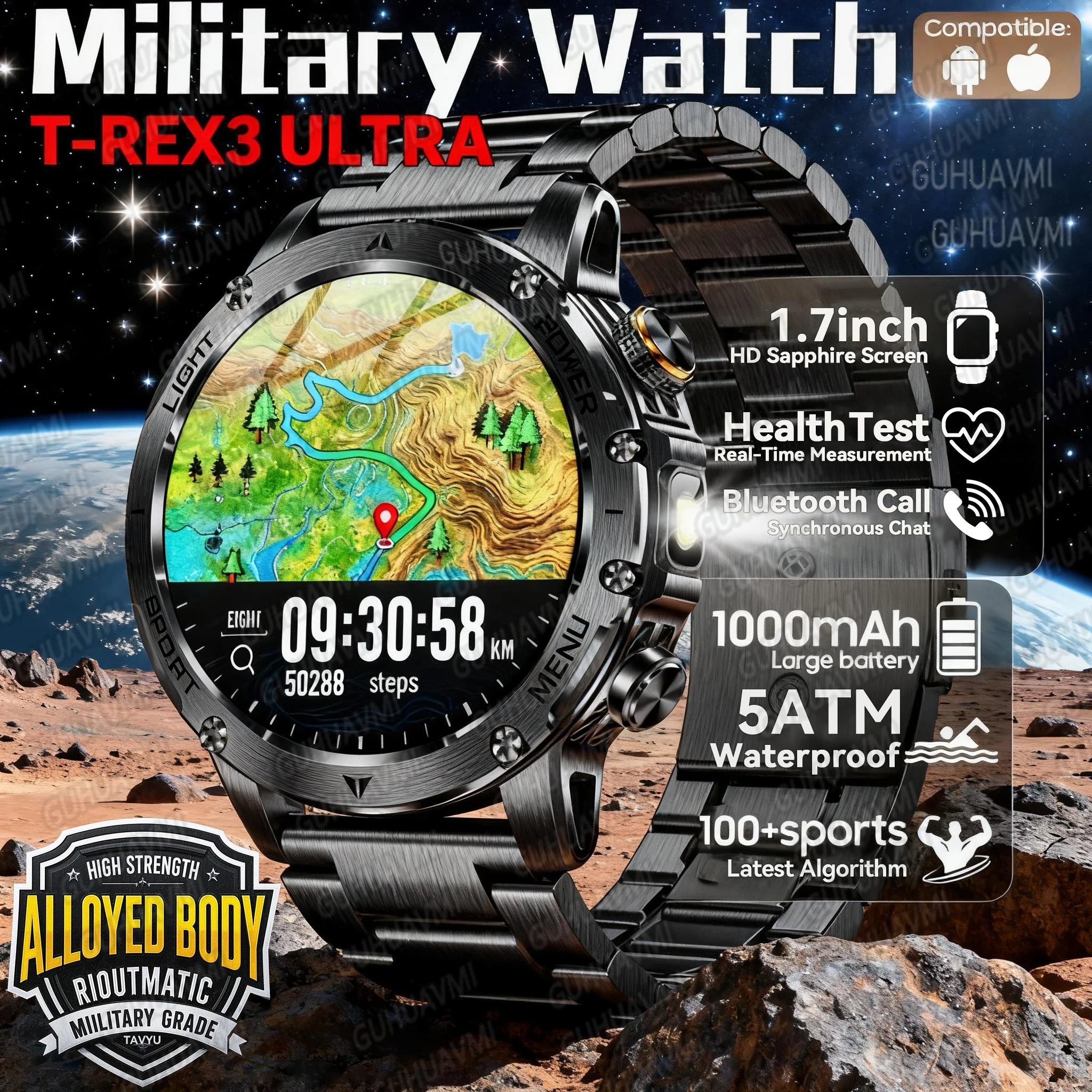 

2025 Новые Смарт-часы T-Rex 3 в стиле милитари с аккумулятором 1000 мАч IP69 Водонепроницаемые GPS Bluetooth-вызовы AMOLED HD Мужские спортивные умные часы