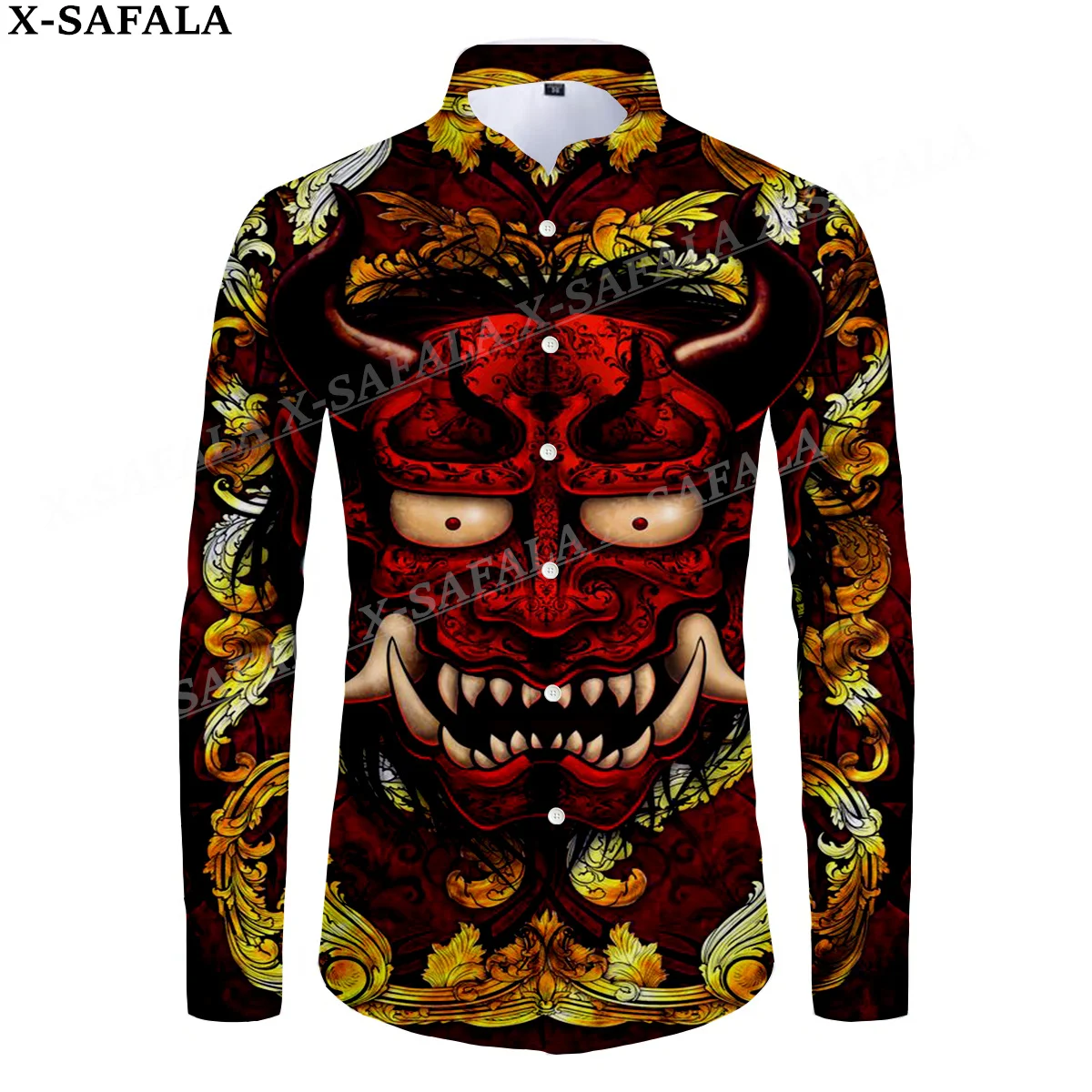 Samurai Oni Mask Tattoo 3D Print Men's Luxury Shirt Turn-down Collar Buttoned Up Long Sleeve Tops Hip Hop Streetwear Tees-4