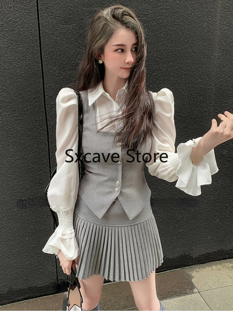 2023 autunno Kpop outfit 3 pezzi Skrits Set camicette bianche + avvolgere l\'anca gonne a vita alta + gilet Chic abiti moda giapponese Chic