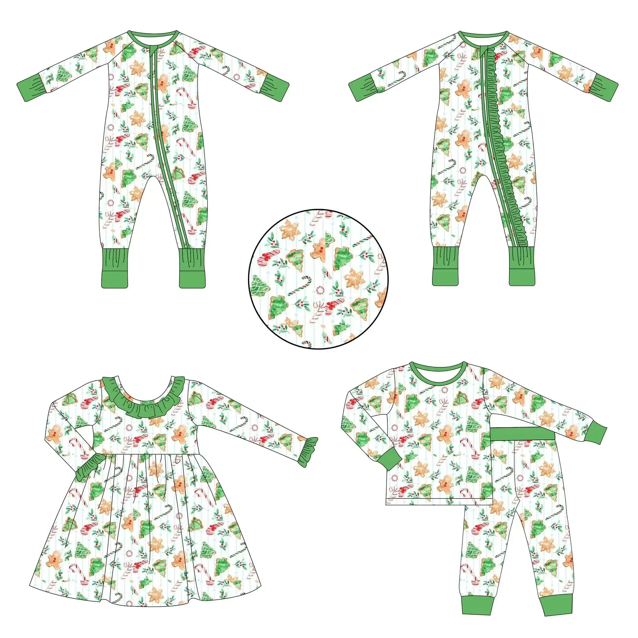 Wholesale baby holiday clothing Christmas four-piece baby girl long-sleeved dress Christmas tree cookie print green clothing new