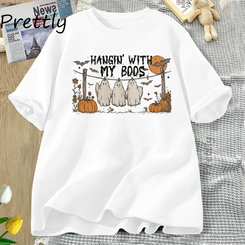 Funny Hanging Ghosts Halloween T-shirt Boos Cute Pumpkin Bat Tshirt Casual Cotton Short Sleeve Round Neck Tee Shirt Woman
