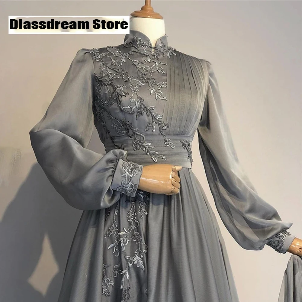 Grey Muslim Evening Dresses Women\'s High Neck A-Line Robe Chiffon Lace Applique Princess Prom Gowns 2023 Robe Vestidos De Fiesta