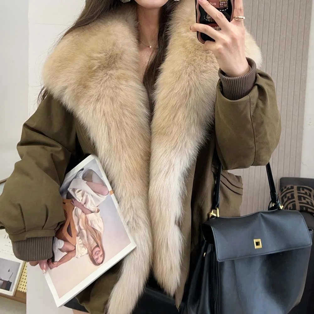 Veste Parka à col en fourrure pour femme, vêtement d'extérieur chaud, luxueux, grand col, à la mode, manteau Parka en fourrure de renard, hiver