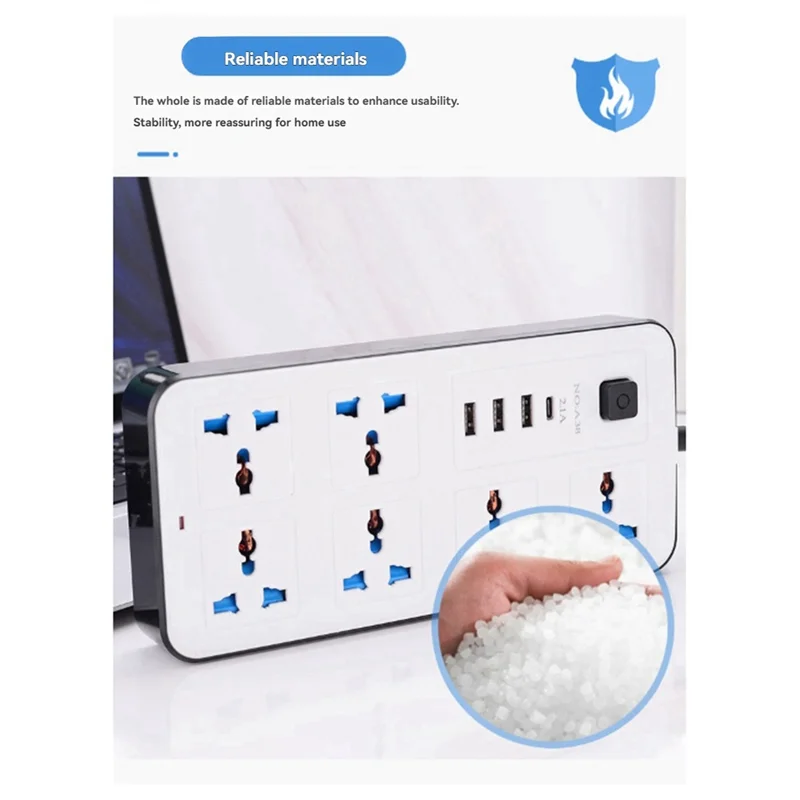 EYFL-Universal Power Strip EU Plug 1.8M Extension Cord With USB-C & USB Ports For Charging And Power Supply White