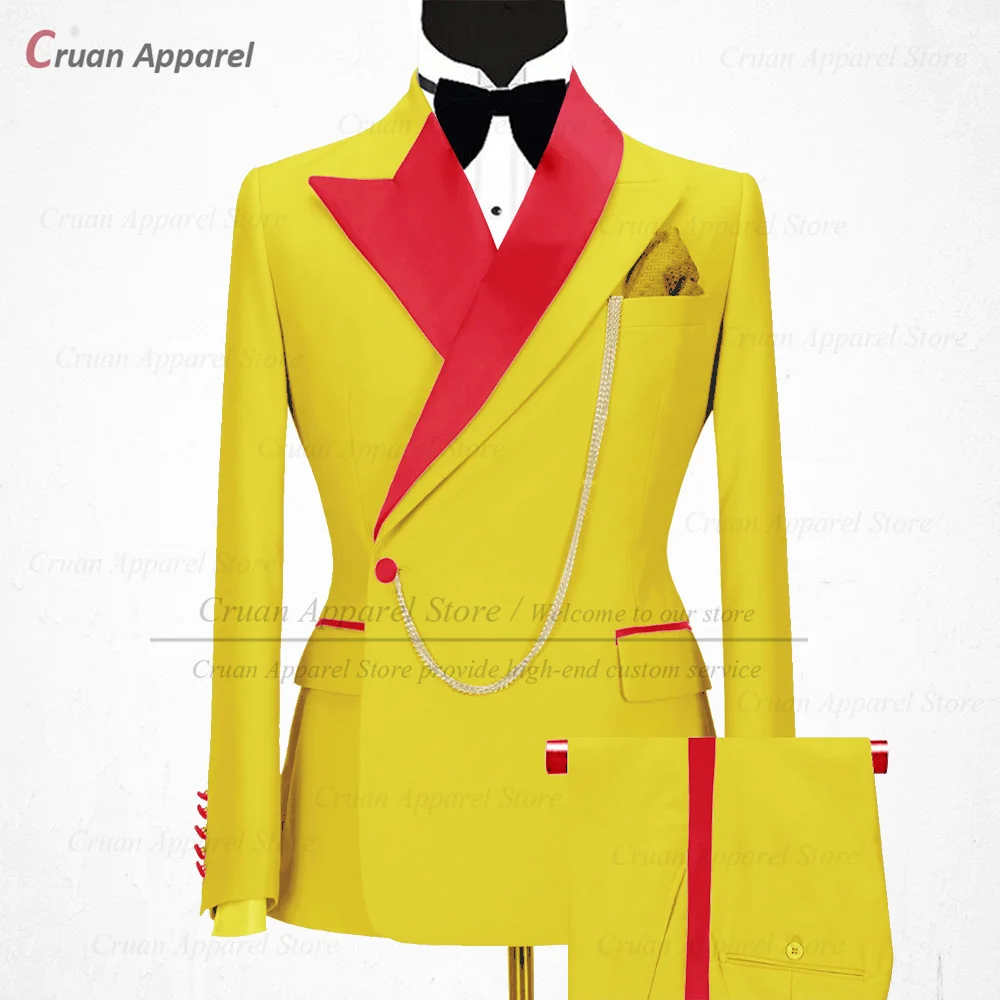 Newest White Suit Men Slim Fit Luxury Groom Wedding Tuxedos Tailor-made Fashion Red Shiny Collar Party Blazer Pants 2 Pieces Set