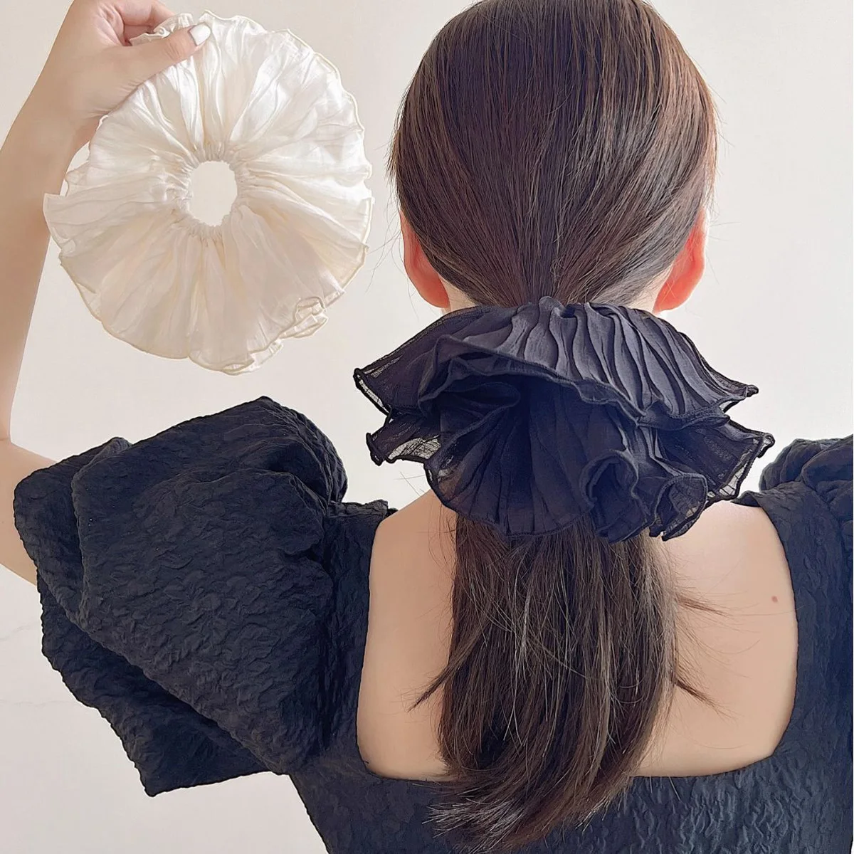 1pcs Double Fold Scrunchie Sweet Simple Fairy Large High Elastic Hair Tie Gauze Black White Ponytail Holder Hair Aaccessories