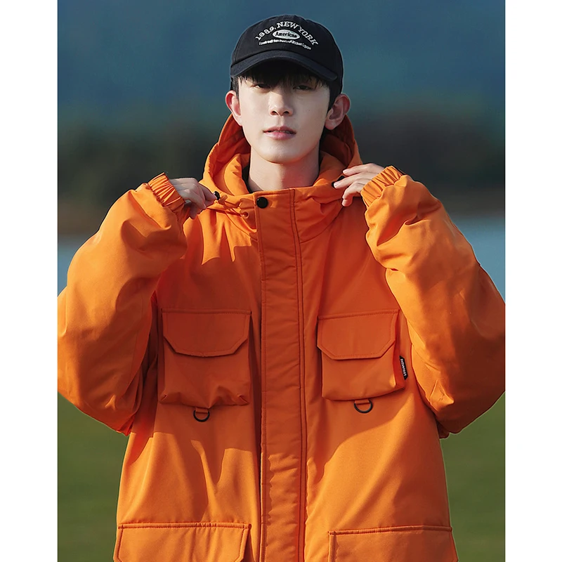 2022 Winter Cargo Jacket Parka for Men Women Hip Hop Orange Multi Pockets Padded Jackets Couple Warm Fashion Brand Coat