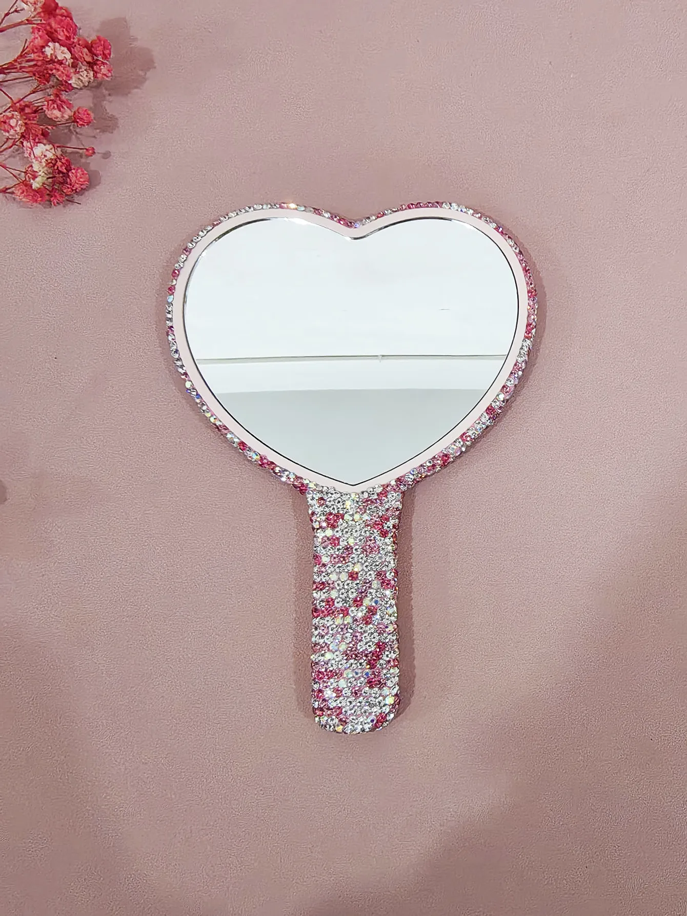 Diamond-encrusted Heart-shaped Cosmetic Mirror, Creative Rhinestone Handle, Princess Mirror, Portable Handle Mirror