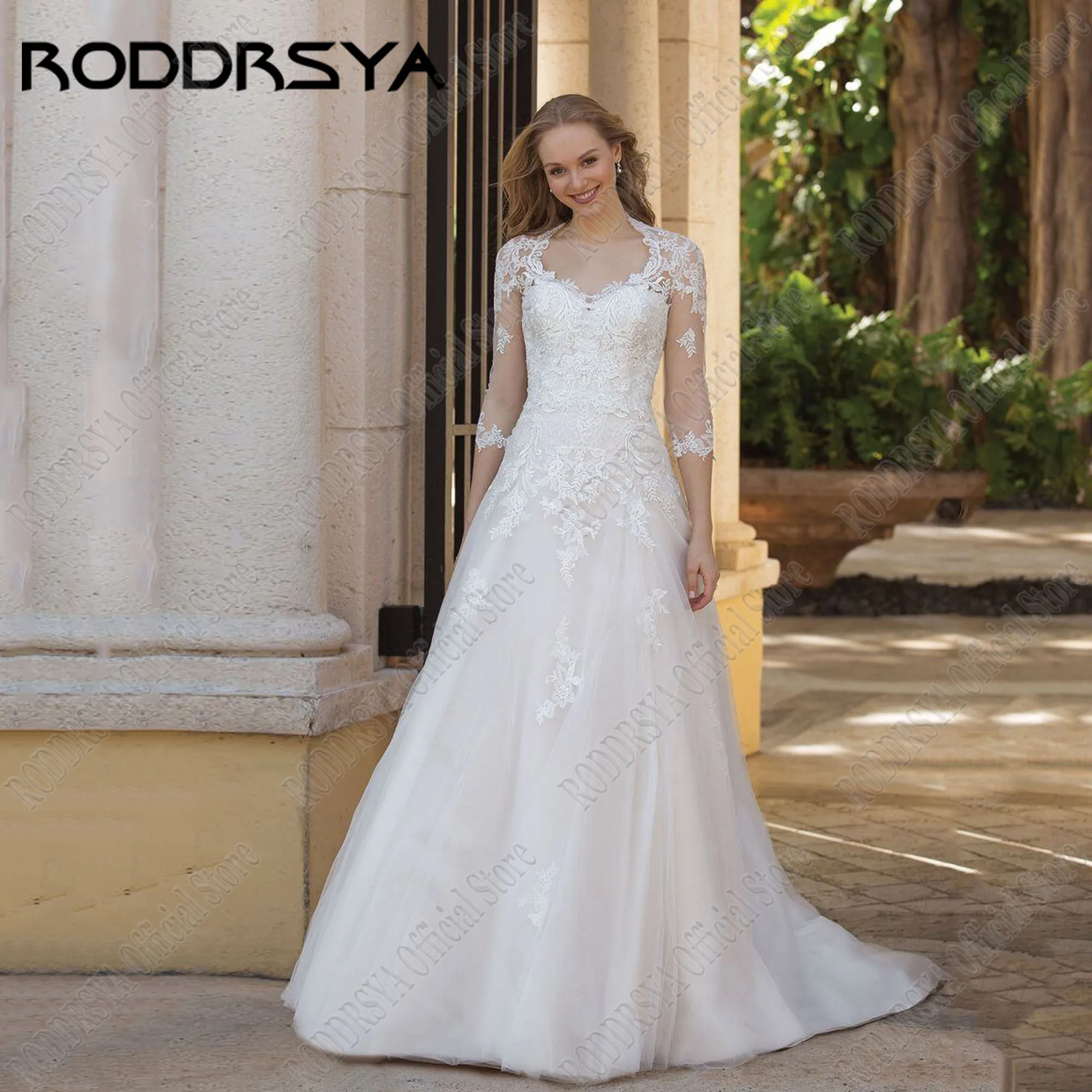 

RODDRSYA Charming Wedding Dress Illusion Back Customized 3/4 Sleeve Applique Vestidos De Novia A Line Bridal Gown Sweep Train