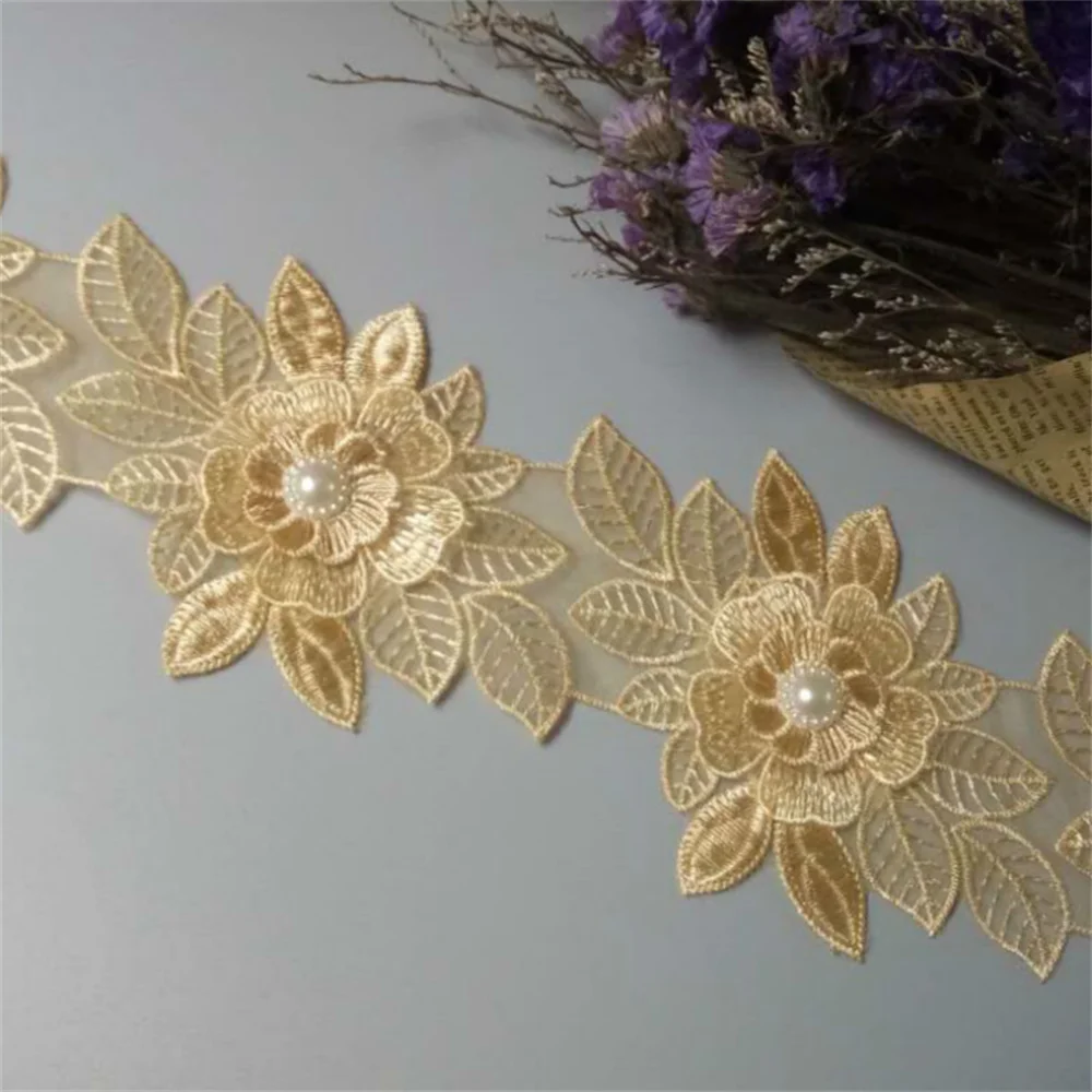 

2 yards Gold Pearl Flower Leaf Handmade Beaded Embroidered Lace Ribbon Trim Ribbon Applique Wedding Dress Sewing Craft DIY Hot