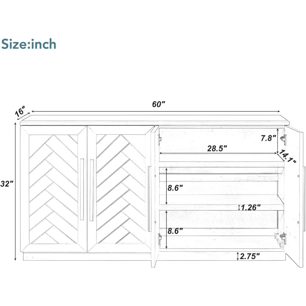 Storage Cabinet, Sideboard with 4 Doors Large Storage Space Buffet Cabinet with Adjustable Shelves and Silver Handles