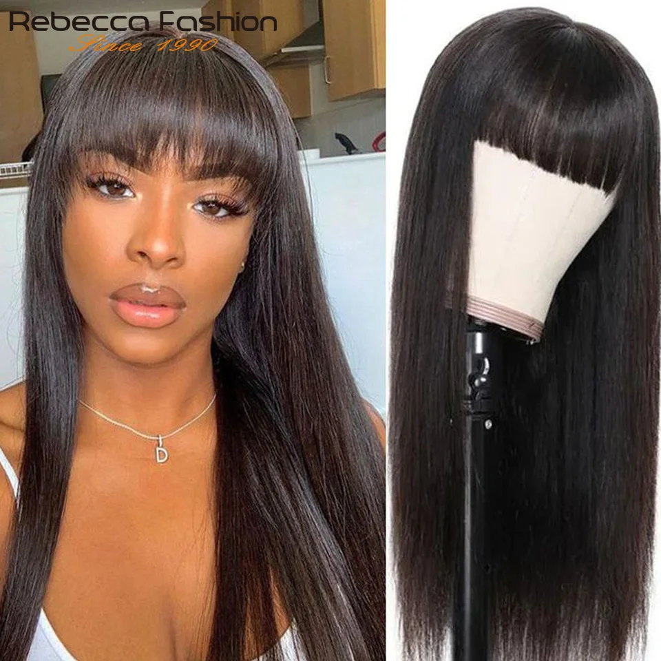 Rebecca 3x1 העליון תחרה ישר 100% שיער אדם פאות עם וילון bangs malaysian remy שיער מבריק פאות