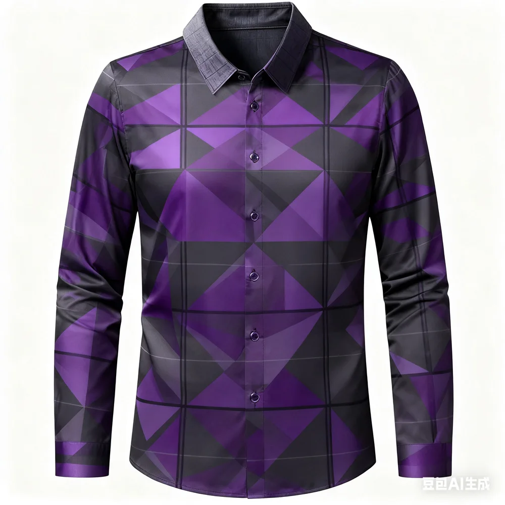 Men's Natural Square Diamond Shaped Printed Shirt Long Sleeved Lapel Shirt Men's Hawaiian Shirt Man Xmas Shirt Men's Clothing