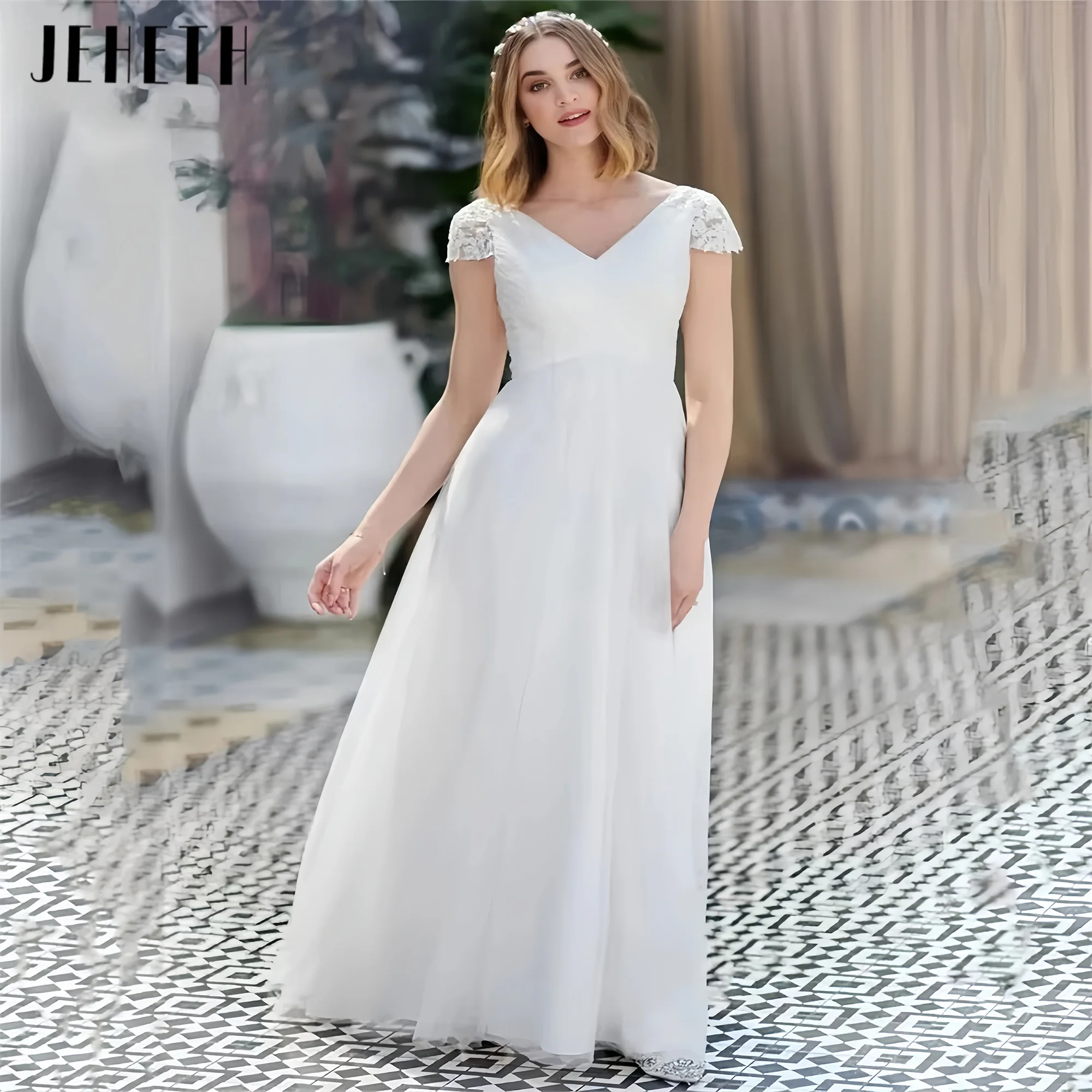 

Simple Lace Cap Sleeve tulle Wedding Dress Elegant V-Neck A-Line Floor-length Backless Bridal Gown Vestidos De Novia Customized