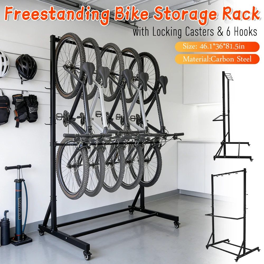 

Mobile Freestanding Vertical Bike Rack Indoor Height Adjustable Bicycle Storage with Locking Casters & 6 Hooks,Fits 5 Bikes