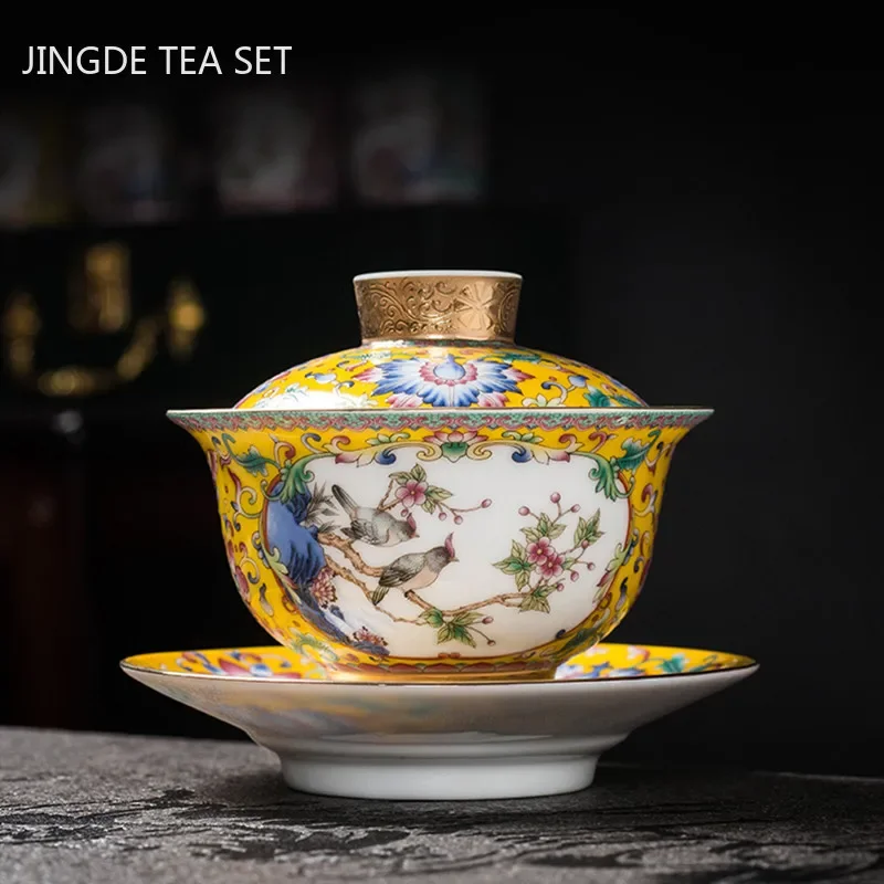 

Jingdezhen Enamel Color Ceramic Gaiwan Chinese Tea Set Sancai Tea Bowl Portable with Cover Teacup Household Custom Teaware