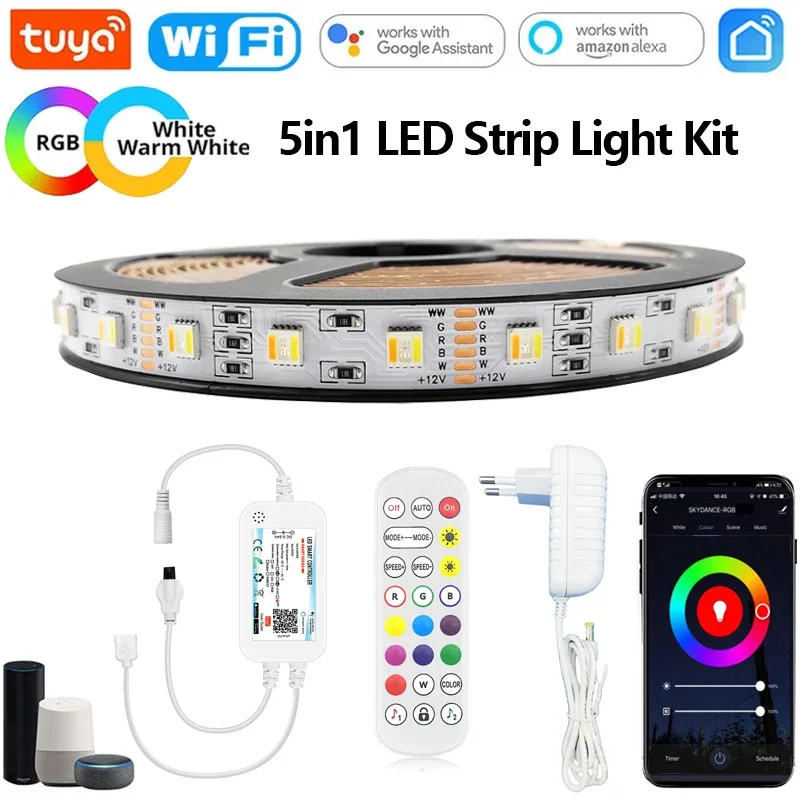 

5в1 Tuya Wi-Fi 5050 Комплект светодиодных лент DC12V RGBCCT RGB + W + WW Декор шкафа для спальни Приложение/голос/дистанционное управление для Alexa Google