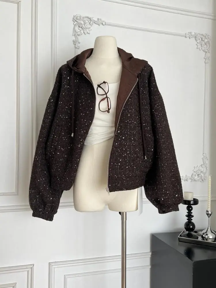

Spring Autumn Retro Women Beige Plaid Patchwork Long Sleeves Short Jacket Korean Style Brown Elegant Hooded Zipper Coat Vacation