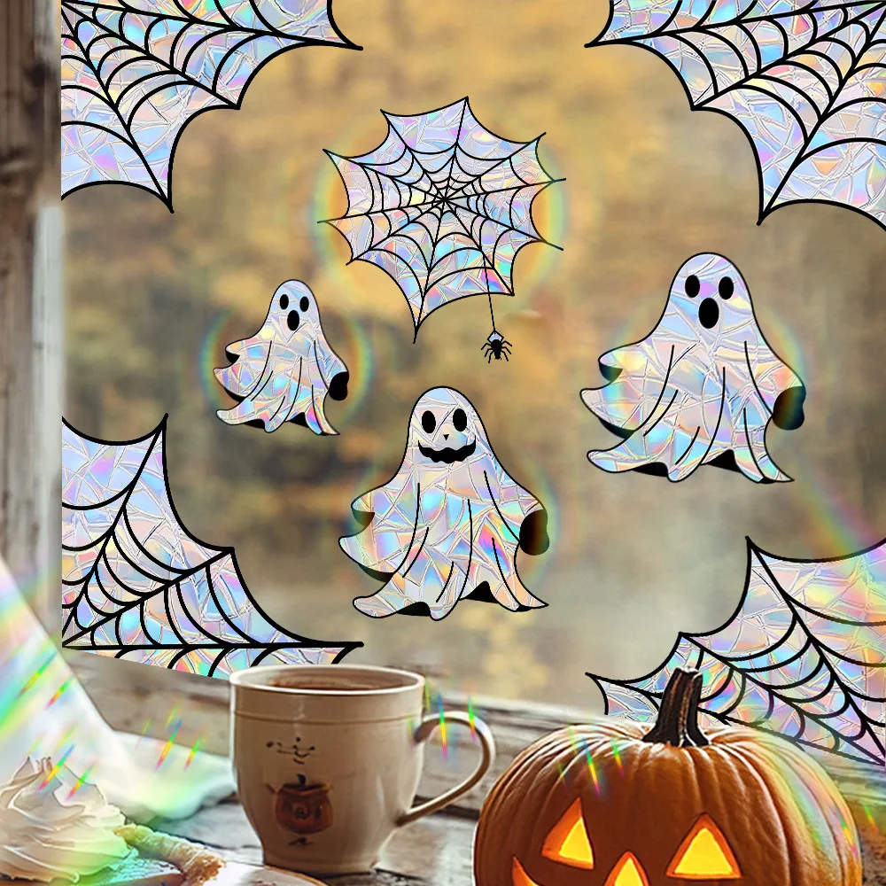 1pc Halloween Colorful Spider Web Ghost Window Stickers Sunlight Catcher Electrostatic Cling Holiday Party Window Home Art Decor