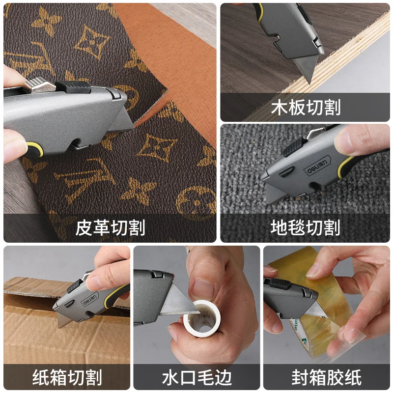 Deli Heavy Duty Box Cutter Zinc Alloy Pocket Knife нож Third Gear Retractable Utility Knife Built-in 3Blades for Leather Carpet