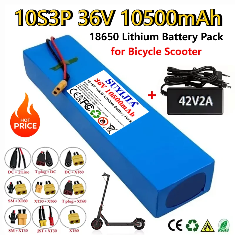 

36V 10500mAh 18650 Rechargeable Lithium Battery Pack 10S3P 1000W with BMS for 36V Bicycle Scooter Battery Pack+42V Charger