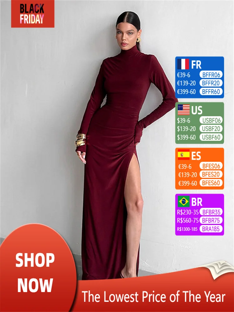 Casual Women Sexy High Split Long Sleeve Maxi Club Evening Party Dress Turtleneck Elegant New Fashion Bodycon Dress 2024