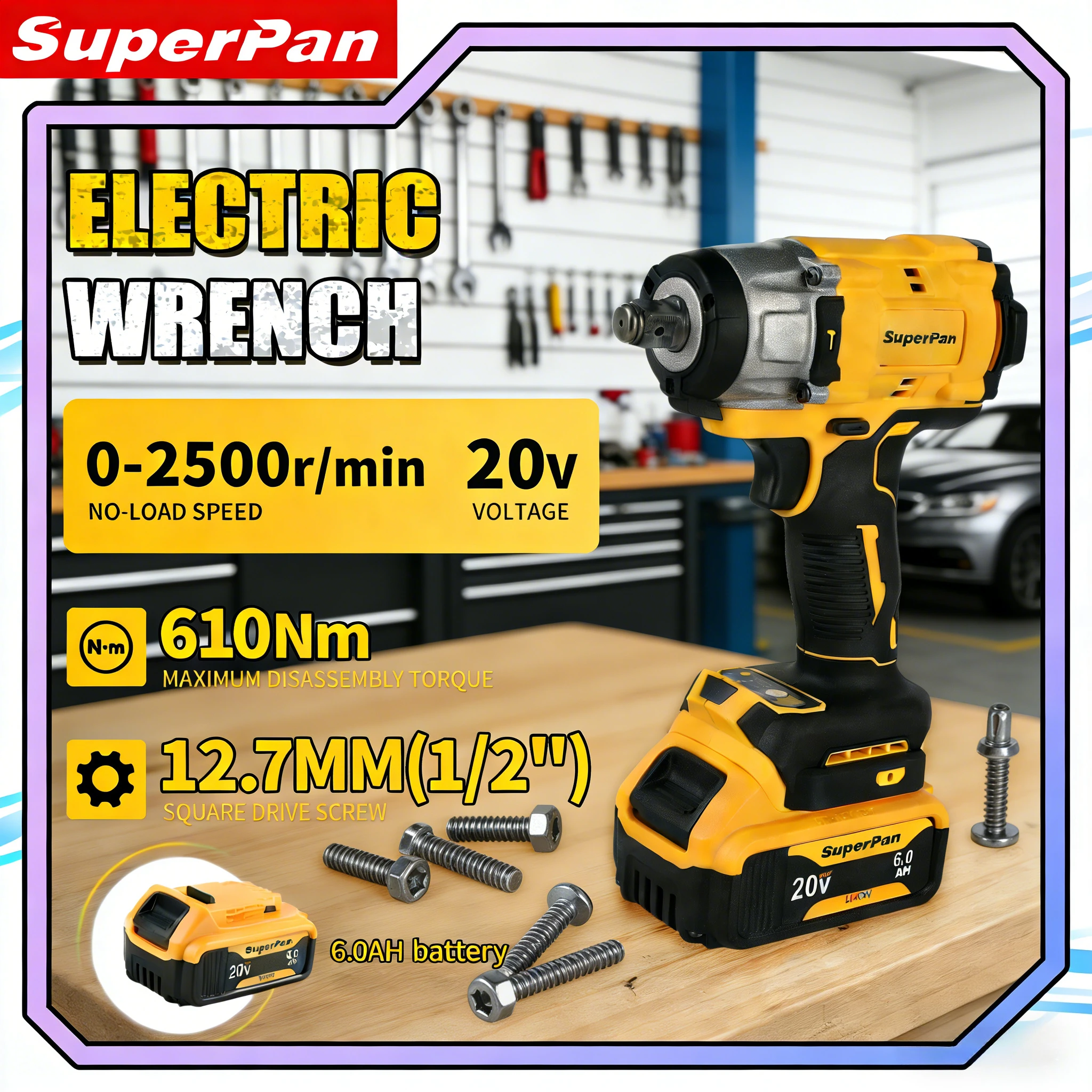 

Ударный гайковерт SuperPan SP922 с эргономичной рукояткой, ручной инструмент для ремонта небольших автомобилей, работы на улице и в гараже, совместим с аккумулятором DeWalt 20В.