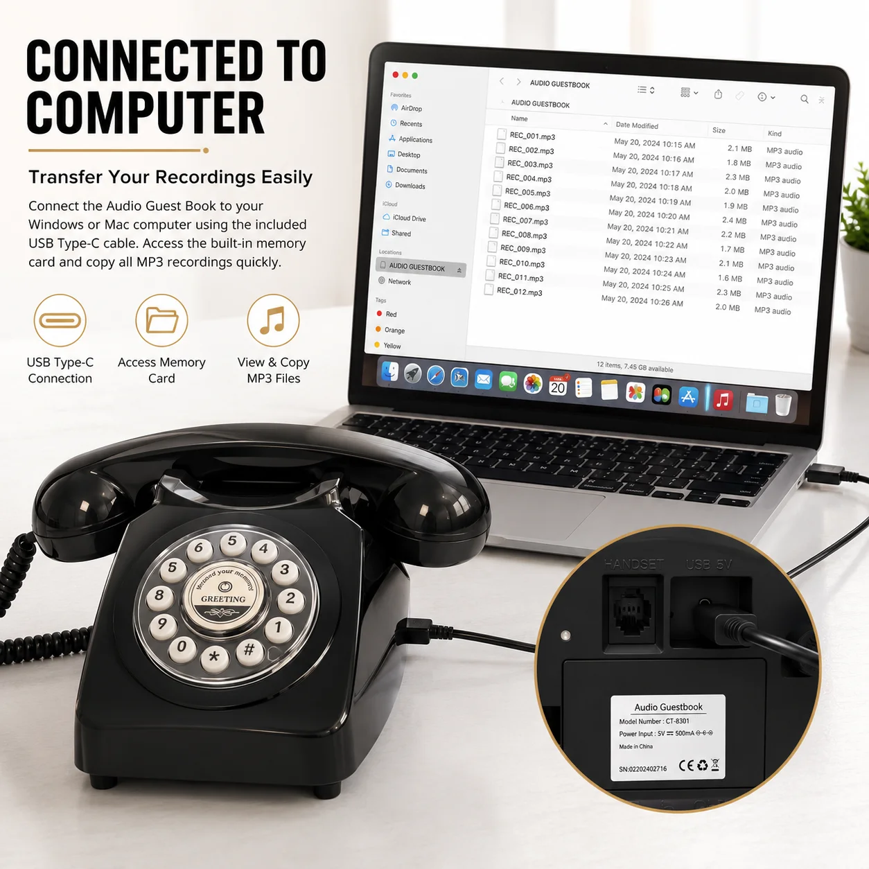 1 Retro Audio Message Telephone, Wedding & Party Guest Voice Message Phone, Vintage Wedding Audio Guest Book for Ceremony Recept