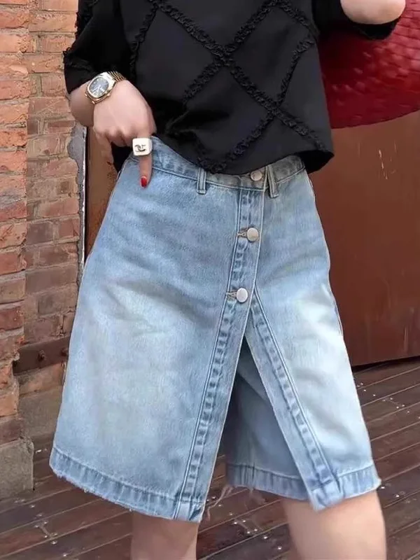 Hoge taille blauwe A-lijn denim orts dames zomer plus maat rechte pijpen wijde pijpen vijfkwartlengte jeans