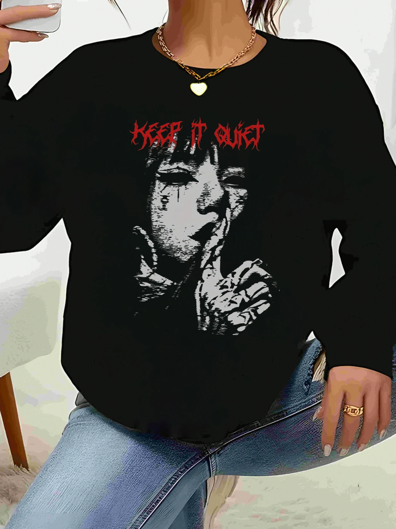 

Keep It Тихий текстовый принт Толстовка с круглым вырезом Хэллоуин Повседневная одежда Женская