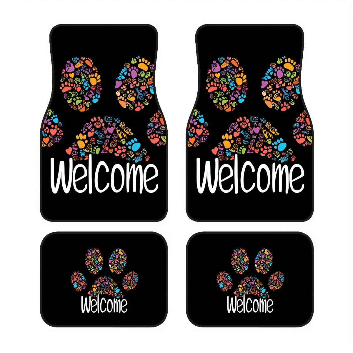 4pcs Non-Slip Polyester Car Footrest Mats With Colorful Paw Print Welcome Design - Fit For Sedan & SUV Vehicles, Durable Interio