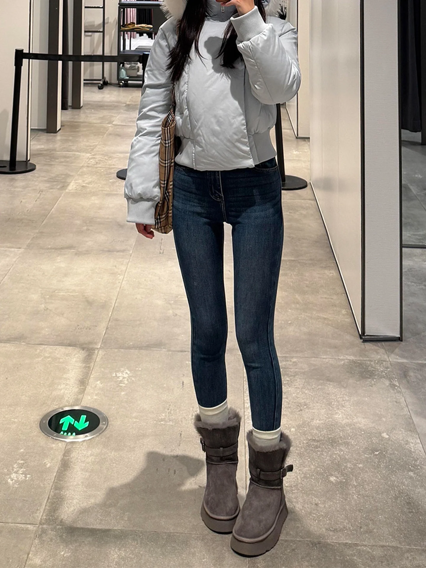 Fce 라인드 티엔드 스키니 나인-풋 진 여성용 가을 겨울 신상 섹시 슬림핏 펜슬 진 로우 웨이스트 디스트레스드 데님