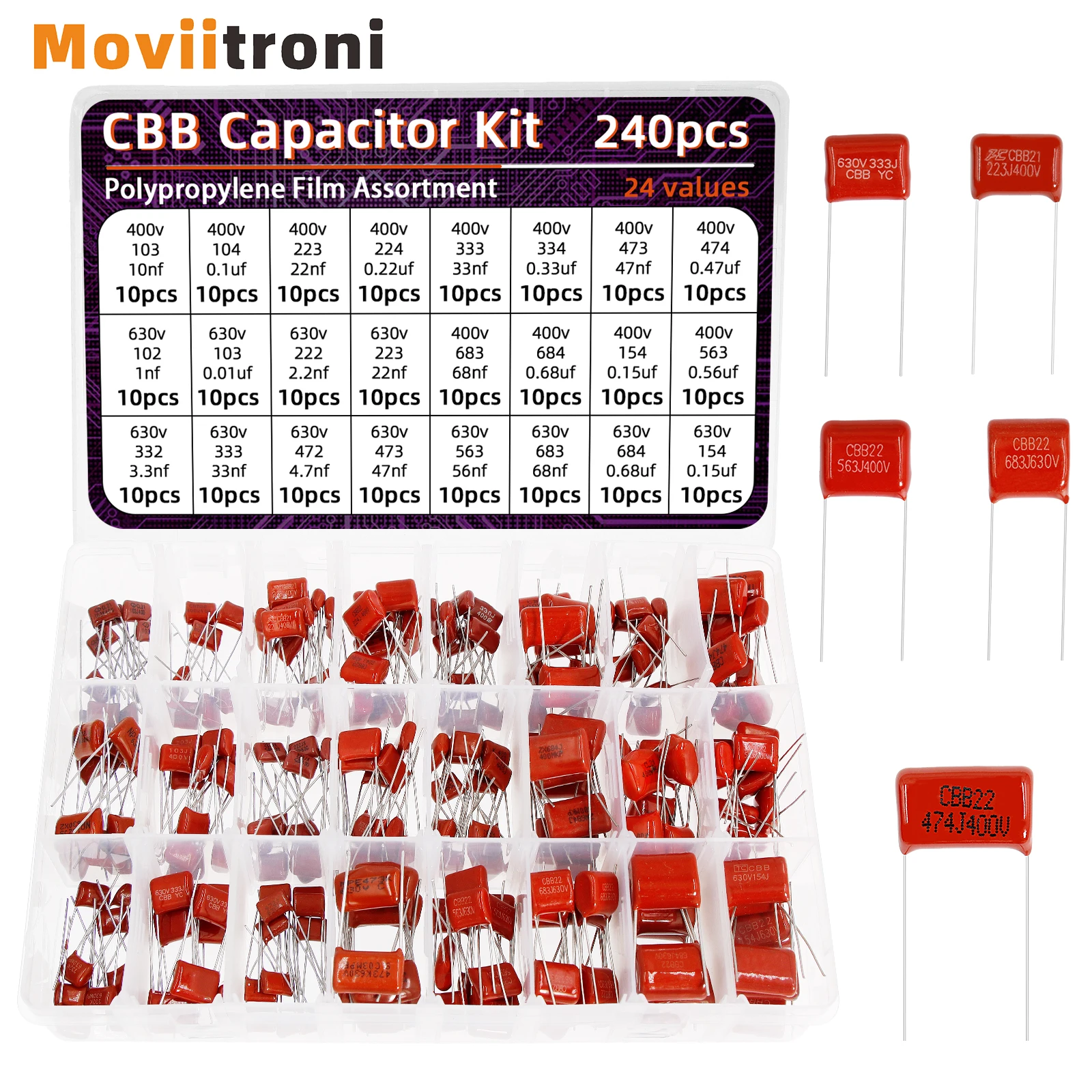 240pcs CBB Capacitor Assortment Kit Metallized Polypropylene Film Capacitors