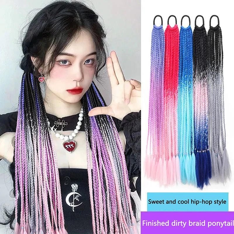 

1Pcs Synthetic Gradient Color Dirty Braided Ponytail 70CM Elastic Rubber Band Braiding Pony Tail Hair Extensions For Girls