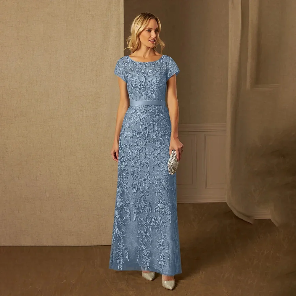 

Women's Formal Evening Gowns Elegant Round Neck Short Sleeve Appliqué Evening Dresses for Party Prom High Quality Customizable