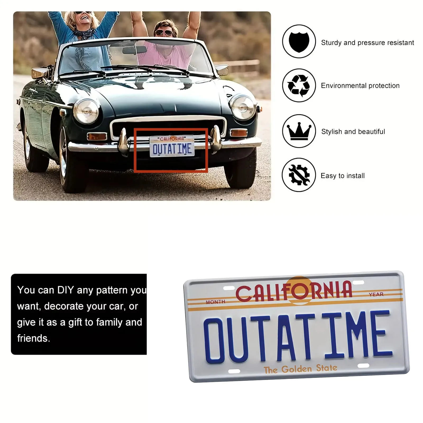 1pcs Outatime Back to The Future License Plate Memorabilia License Plate Replica Delorean Prop Metal Vanity- Metal Sign