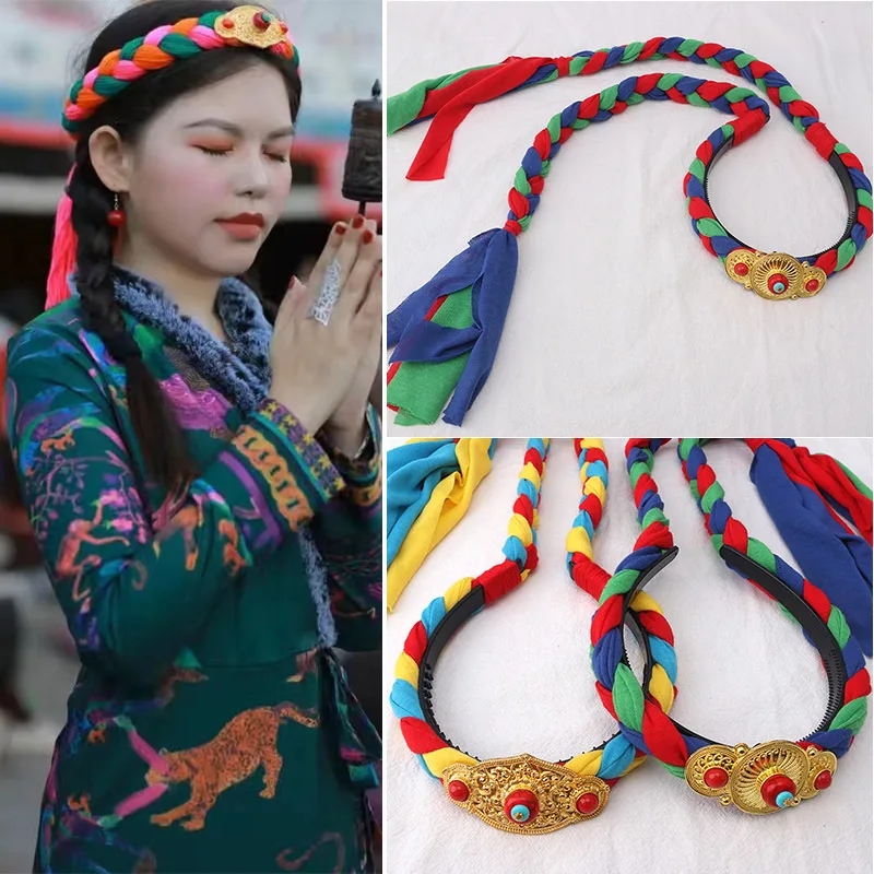 Chinese Antique Tibetan Style Headdress Ponytail Wig Tibetan Braid Hair Hoop Tibetan Hair Ornament Boho Ethnic Bride Hair Rope