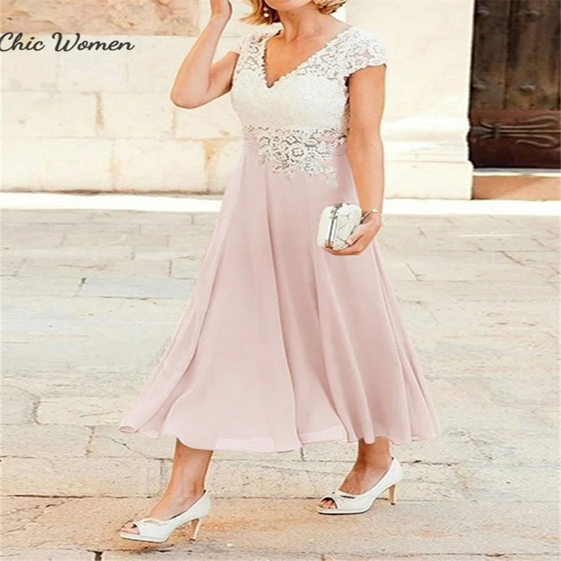 Fashion Two Tone Color Mother Of The Bride Dress Tea Length Chiffon Maxi Evening Dress Lace V Neck Wedding Guest Dress 2024