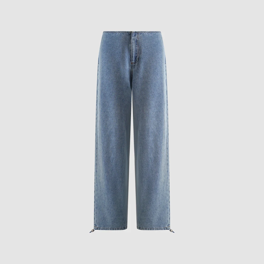 Women Vintage Washed 100% Cotton Denim Pants Drawstring Hem Convertible Wide Leg Loose Straight Jeans Casual Ladies Trousers