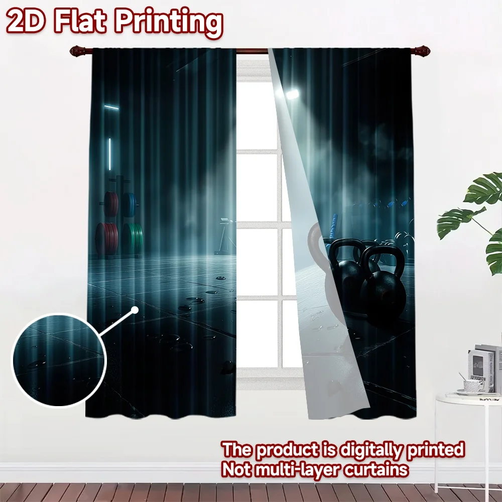 2D flat 2pcs Curtain Retro Country Style Moody Gym Kettlebells Digitally printed polyester, colorfast Family Party Decoration
