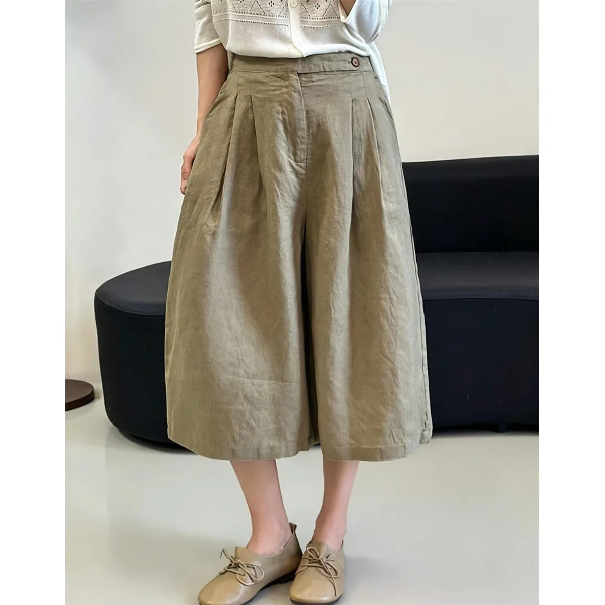 

High Waist Cotton Linen Straight Leg Pants Seven Tenths Wide Leg Casual Trousers for plus Size Women Summer New Arrival