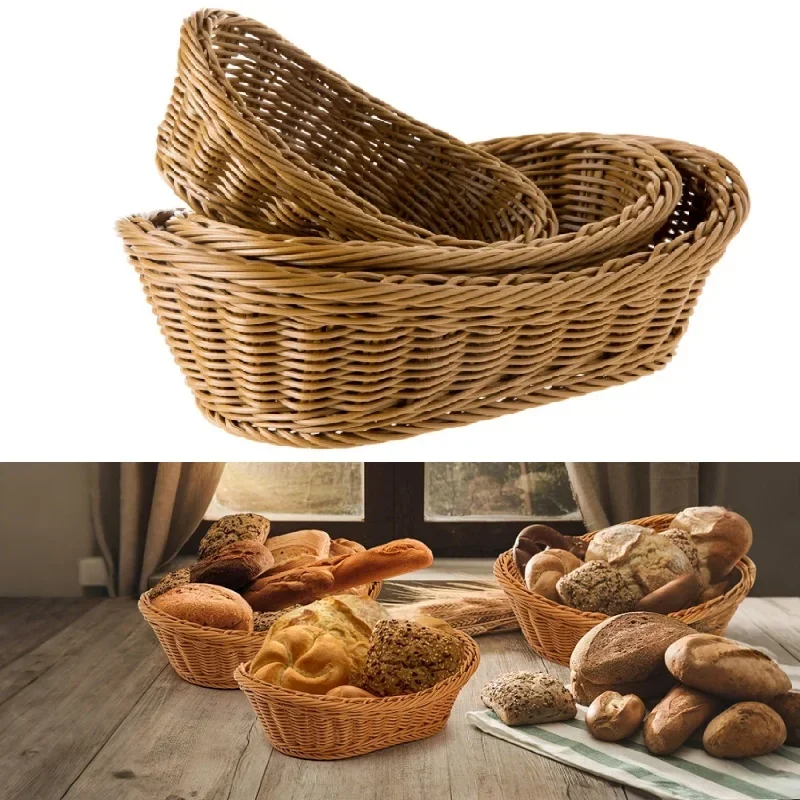 

Oval Wickers Woven Basket Handwoven Rattan Serving Storage Tray Bread Fruit Breakfast Tea Picnic Basket For Kitchen Restaurant