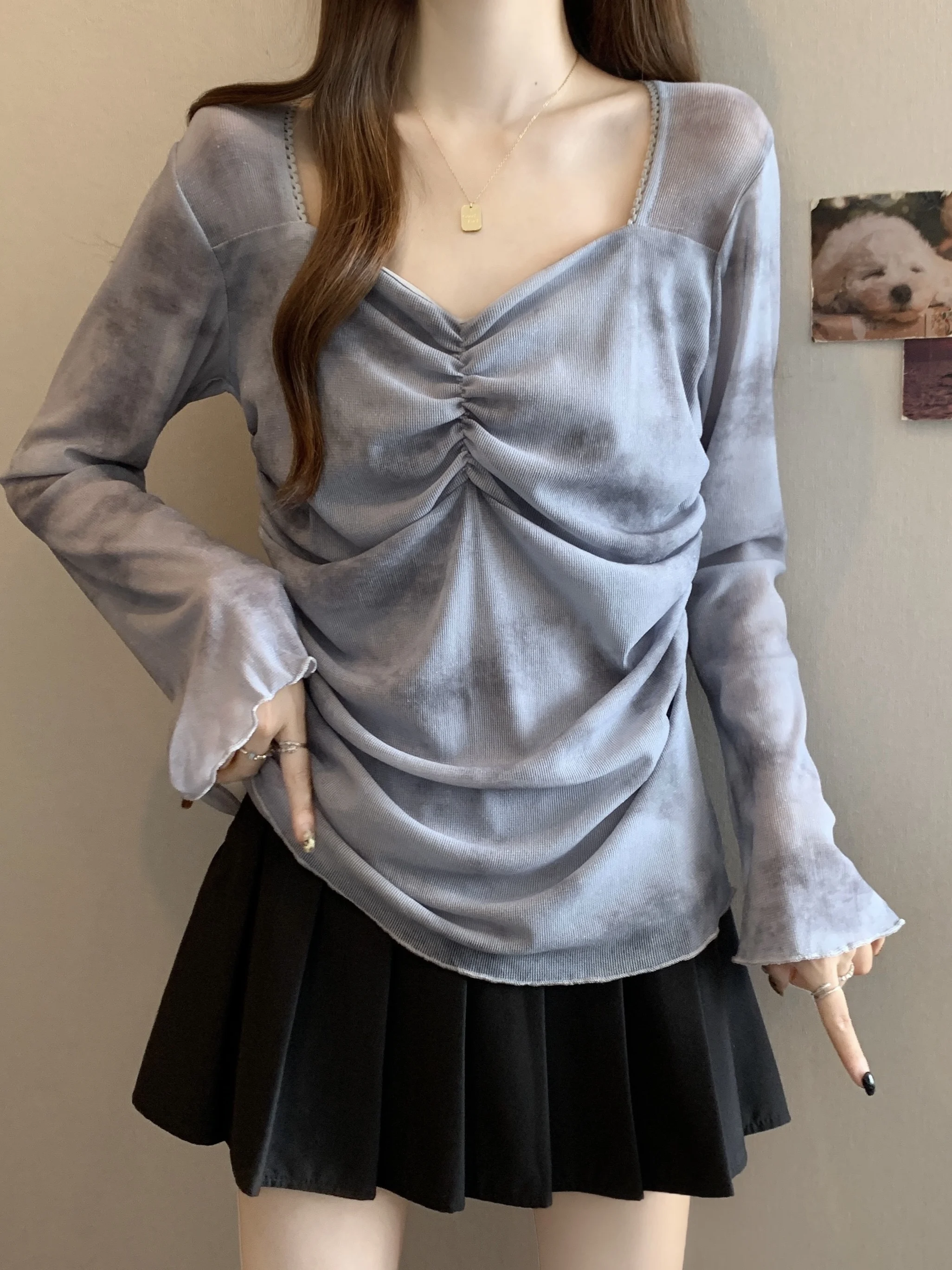 Square Collar Bell Sleeve Long Sleeve T-Shirt Women's Spring Autumn plus Size Design Sense Pleated Short Top Base Layer Shirt