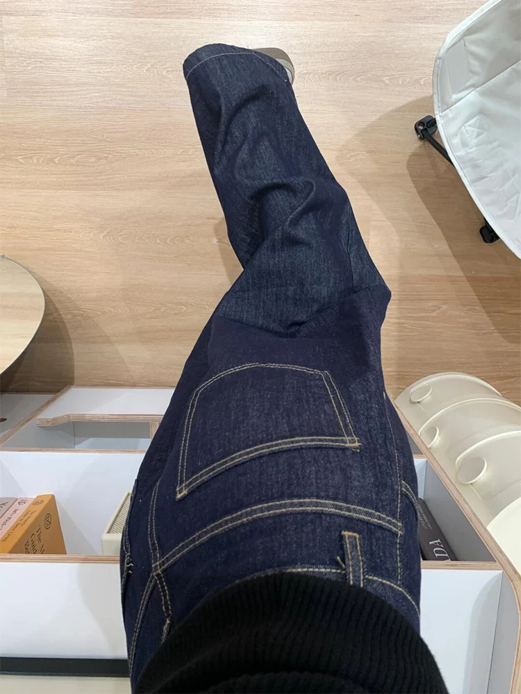 ارتفاع الخصر واسعة الساق الدنيم السراويل النسائية الخريف السراويل الطويلة فضفاضة Dra الطابق طول اللون العميق حجم كبير بناطيل كاجوال #5