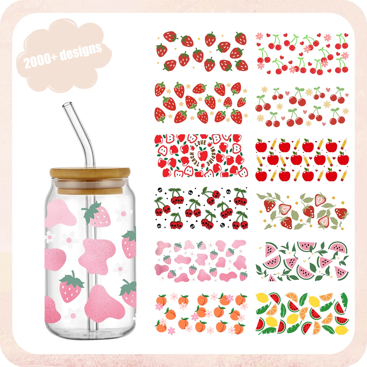 UV DTF 컵 랩 전송, 방수 다채로운 체리, 애플, 딸기, 수박, 복숭아 데칼, 리비캔 머그컵, 16oz