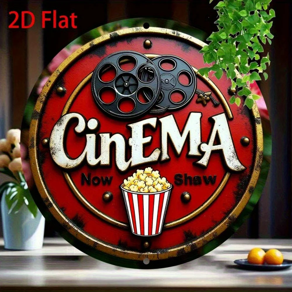 Letrero Metálico de Pared Vintage de Cine 2D Plano, 1 Unidad - Decoración Retro Redonda de 8 Pulgadas para Sala de Cine con Bobina de Película, Palomitas y Texto 'Ahora Reproduciendo'