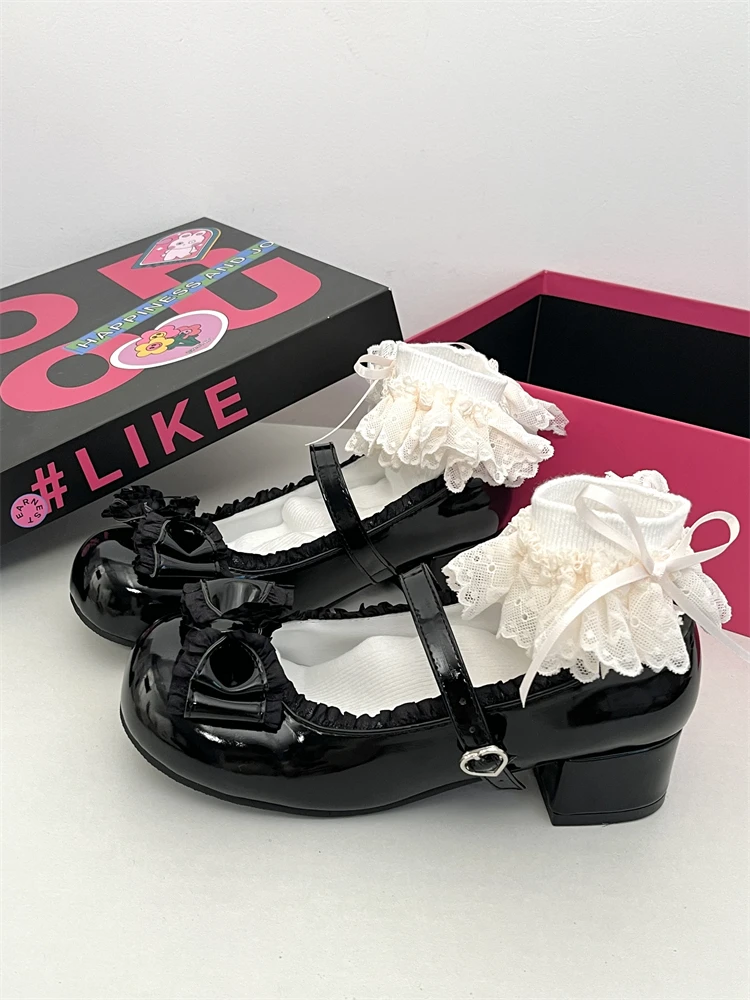 New Mary Jane Pu Leather Shoes Women\'s Sweet Girls Cool Bow Lolita Jk Uniform Shoes Mid Heel Kawaii Anime Shoes