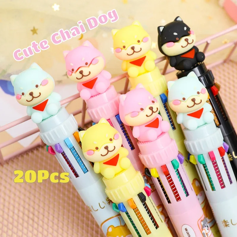 

20Pcs/Lot Kawaii Cartoon Chai Dog Ten Color Ballpoint Pen Cute Puppy MultiColor Press 10 Color Pens for Writing School Office