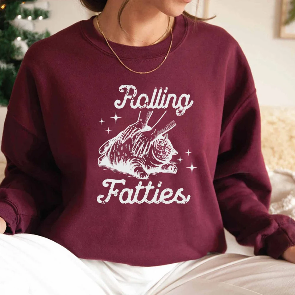 Rolling Fatties Cat Sweatshirt Funny Cat Graphic Hoodies Unisex Long Sleeve Sweatshirt Cat Lovers Gift Casual Crewneck Pullovers